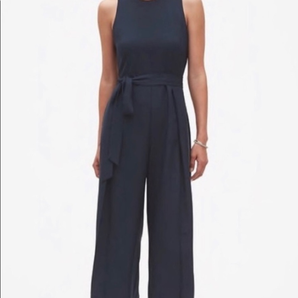 Banana Republic Wide Leg Tie Waist Crop Blue Jumpsuit Romper